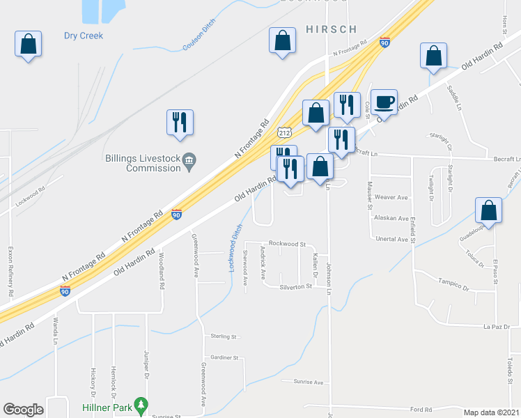 map of restaurants, bars, coffee shops, grocery stores, and more near 33 Rykken Circle in Billings