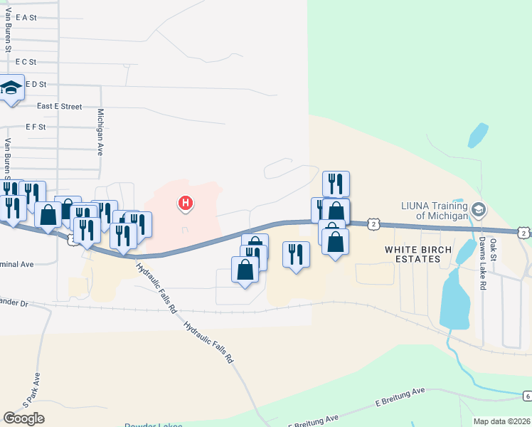 map of restaurants, bars, coffee shops, grocery stores, and more near 1805 South Stephenson Avenue in Iron Mountain