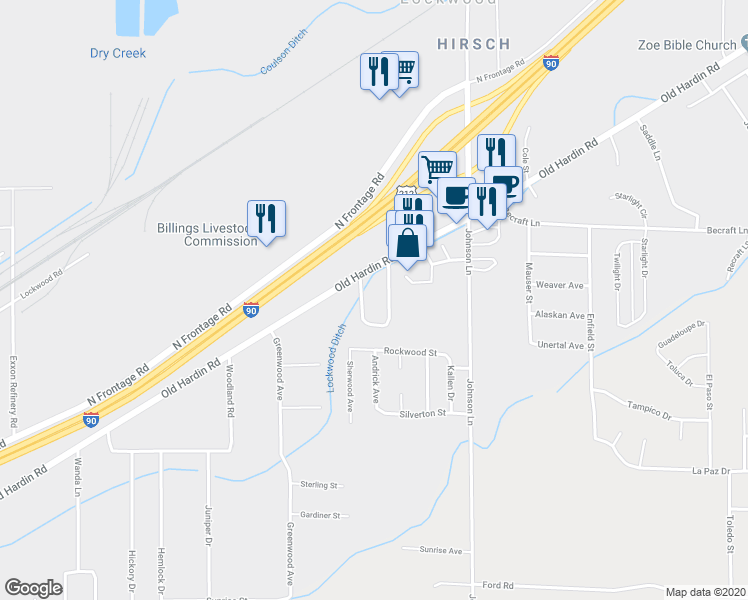 map of restaurants, bars, coffee shops, grocery stores, and more near 2616 Old Hardin Road in Billings