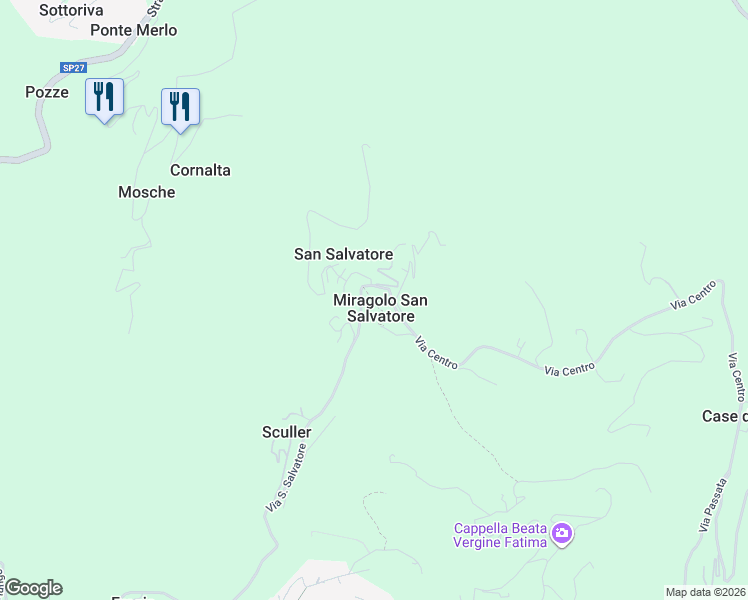 map of restaurants, bars, coffee shops, grocery stores, and more near 26 Via Centro in Miragolo San Salvatore