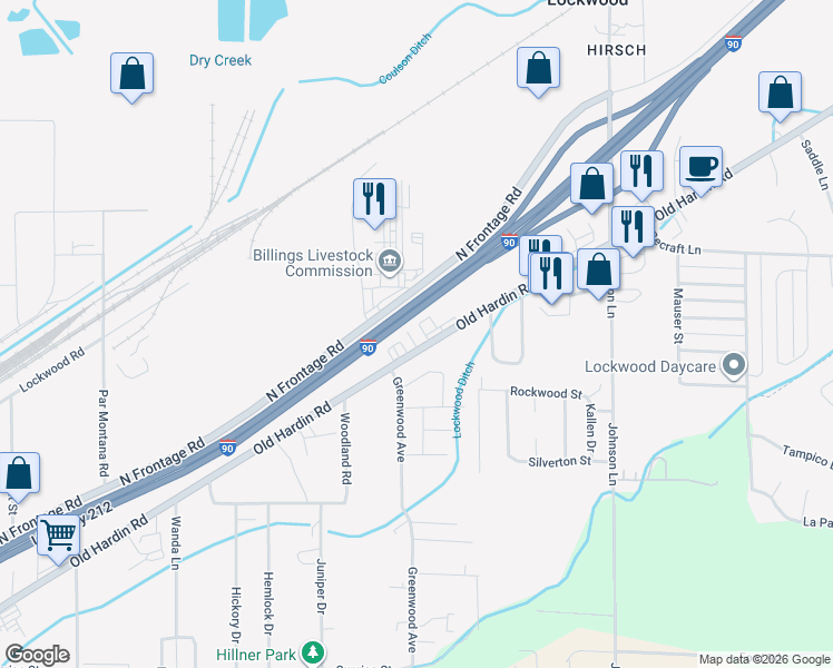 map of restaurants, bars, coffee shops, grocery stores, and more near 2525 Old Hardin Road in Billings