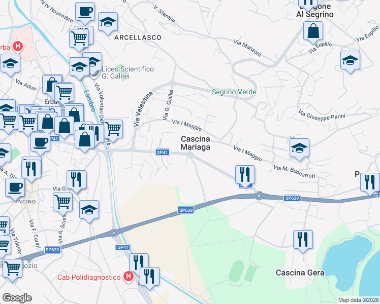 map of restaurants, bars, coffee shops, grocery stores, and more near Via Lecco in Erba