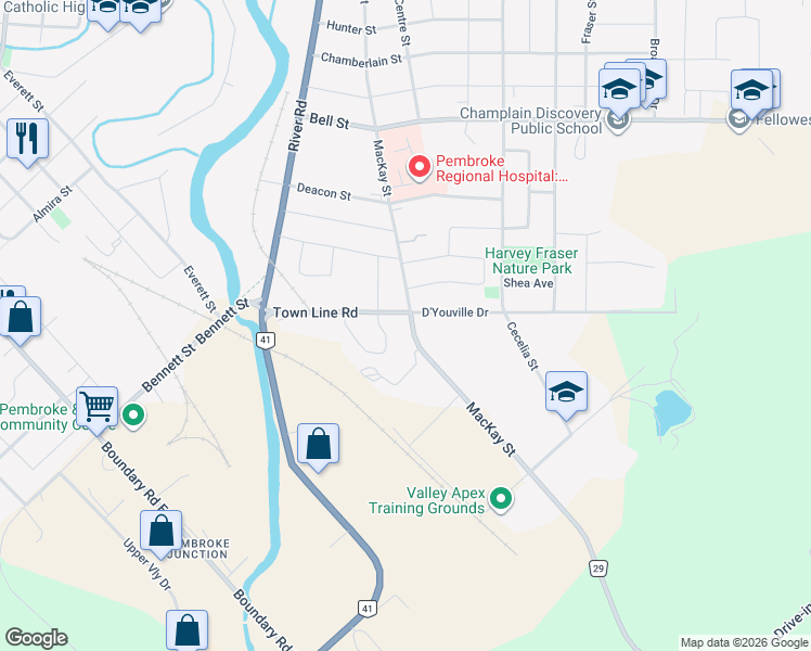 map of restaurants, bars, coffee shops, grocery stores, and more near 930 Mackay Street in Pembroke