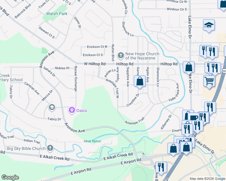 map of restaurants, bars, coffee shops, grocery stores, and more near 632 Antelope Circle in Billings
