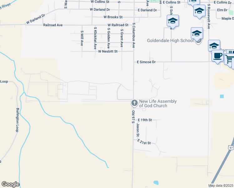 map of restaurants, bars, coffee shops, grocery stores, and more near 1505 South Grant Avenue in Goldendale