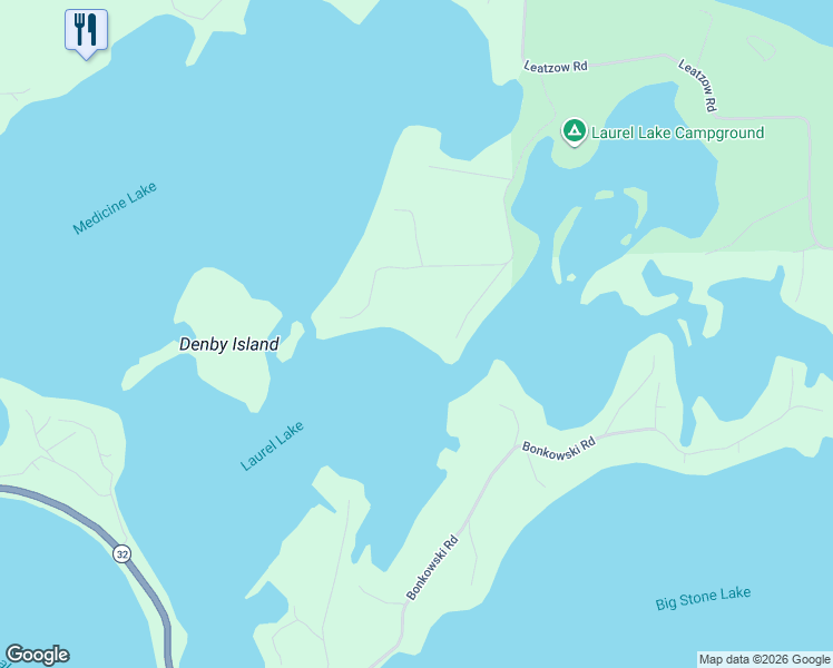 map of restaurants, bars, coffee shops, grocery stores, and more near 7320 Campground Road in Three Lakes
