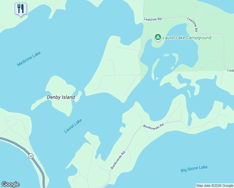 map of restaurants, bars, coffee shops, grocery stores, and more near 7320 Campground Road in Three Lakes