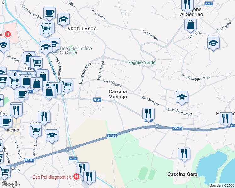 map of restaurants, bars, coffee shops, grocery stores, and more near Via Lecco in Erba