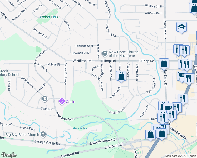 map of restaurants, bars, coffee shops, grocery stores, and more near 67 Antelope Trail West in Billings