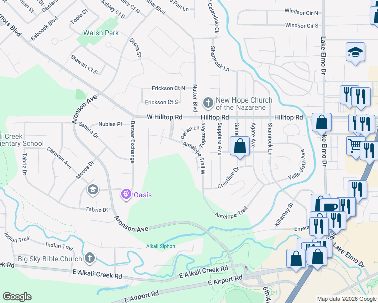 map of restaurants, bars, coffee shops, grocery stores, and more near 66 Antelope Trail West in Billings