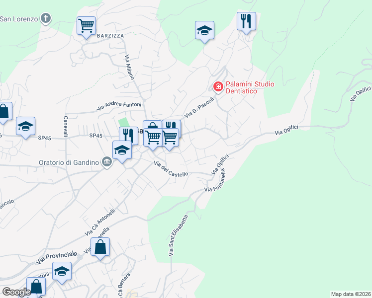 map of restaurants, bars, coffee shops, grocery stores, and more near 9 Via Giuseppe Garibaldi in Gandino