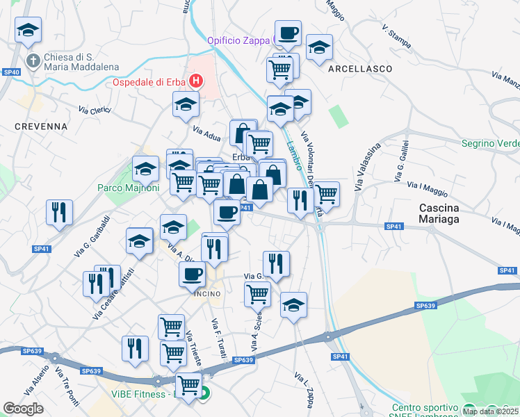 map of restaurants, bars, coffee shops, grocery stores, and more near 2-24 Via Dante in Erba