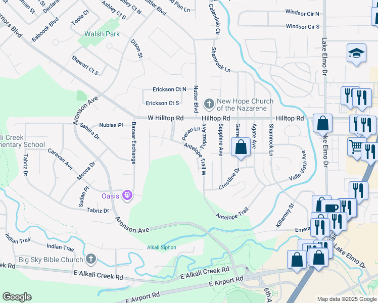 map of restaurants, bars, coffee shops, grocery stores, and more near 67 Antelope Trail West in Billings