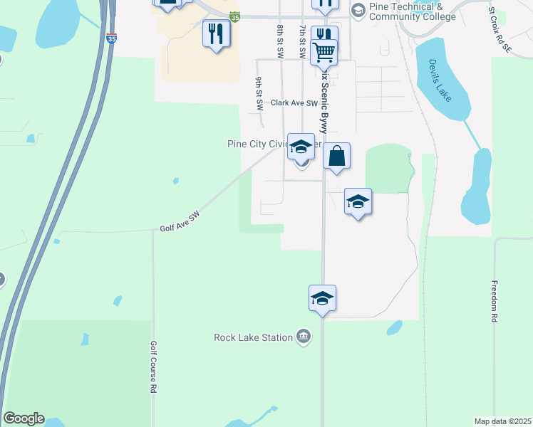 map of restaurants, bars, coffee shops, grocery stores, and more near 1305 8th Street Southwest in Pine City