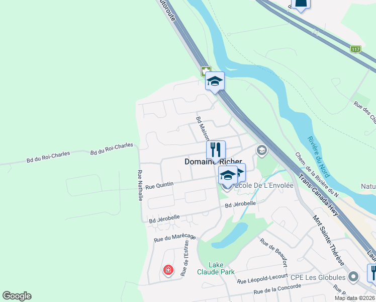 map of restaurants, bars, coffee shops, grocery stores, and more near 1022 Rue Bouchard in Saint-Jérôme