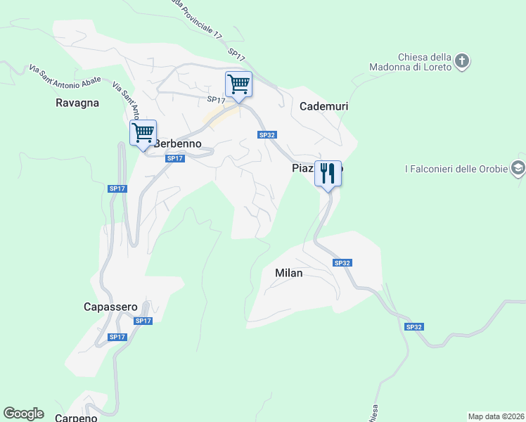 map of restaurants, bars, coffee shops, grocery stores, and more near 71 Via Europa in Berbenno