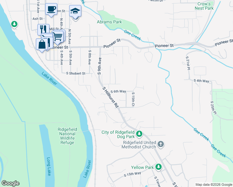 map of restaurants, bars, coffee shops, grocery stores, and more near 1250 South 6th Way in Ridgefield