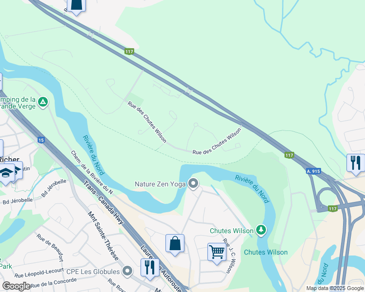 map of restaurants, bars, coffee shops, grocery stores, and more near 301 Rue des Chutes Wilson in Saint-Jérôme