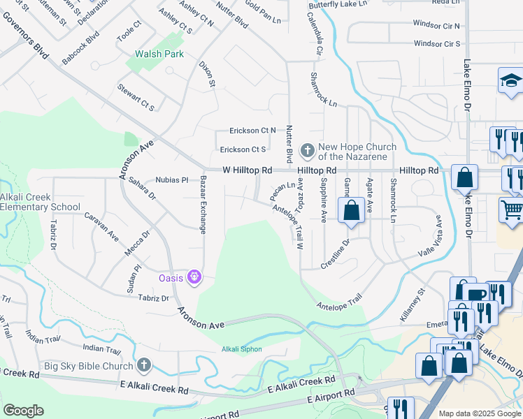 map of restaurants, bars, coffee shops, grocery stores, and more near 96 Antelope Trail West in Billings