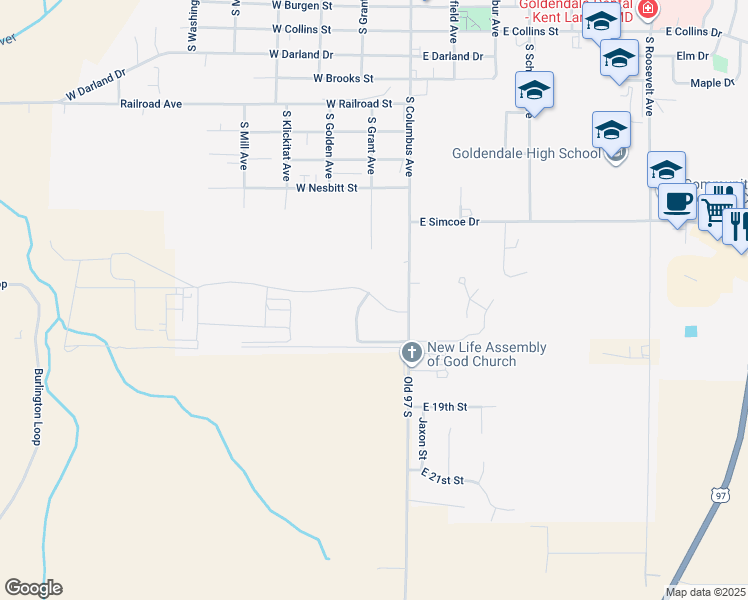 map of restaurants, bars, coffee shops, grocery stores, and more near 1505 South Grant Avenue in Goldendale