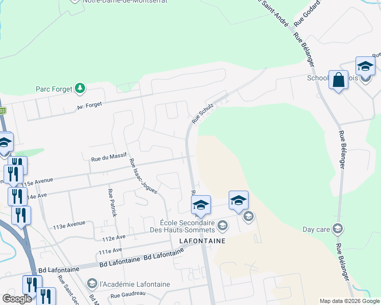 map of restaurants, bars, coffee shops, grocery stores, and more near 2491 Rue Schulz in Saint-Jérôme