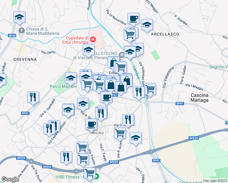 map of restaurants, bars, coffee shops, grocery stores, and more near 24 Via Dante in Erba