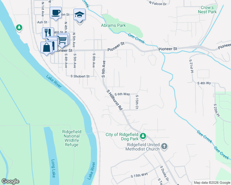 map of restaurants, bars, coffee shops, grocery stores, and more near 1114 South 6th Way in Ridgefield
