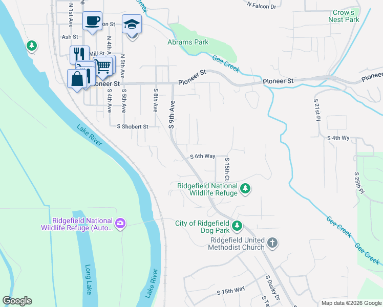 map of restaurants, bars, coffee shops, grocery stores, and more near 1114 South 6th Way in Ridgefield