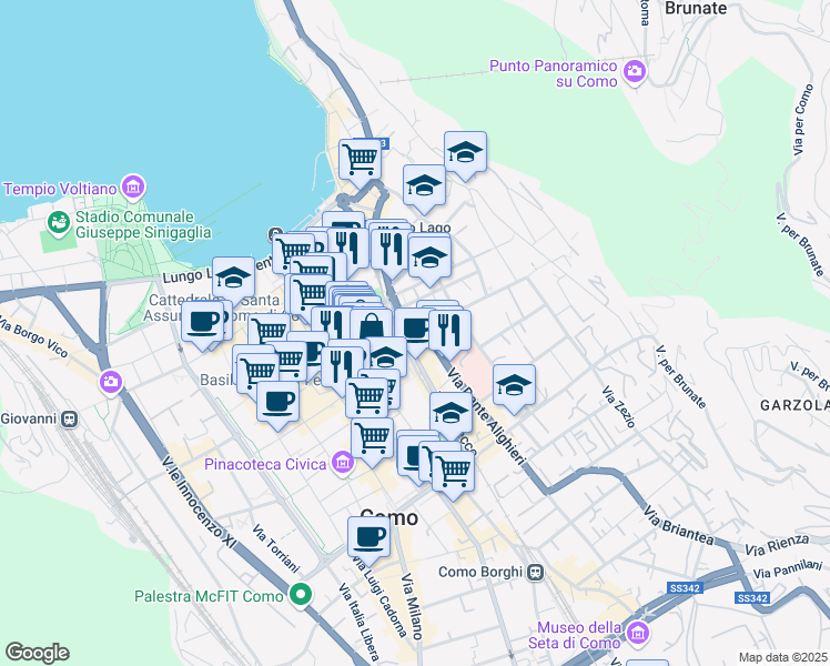 map of restaurants, bars, coffee shops, grocery stores, and more near Piazza del Popolo in Como