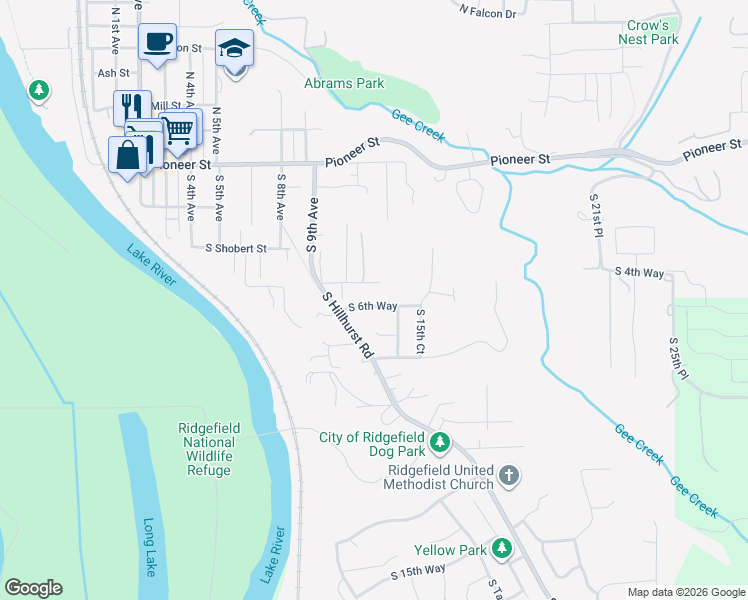 map of restaurants, bars, coffee shops, grocery stores, and more near 1250 S 6th Way in Ridgefield