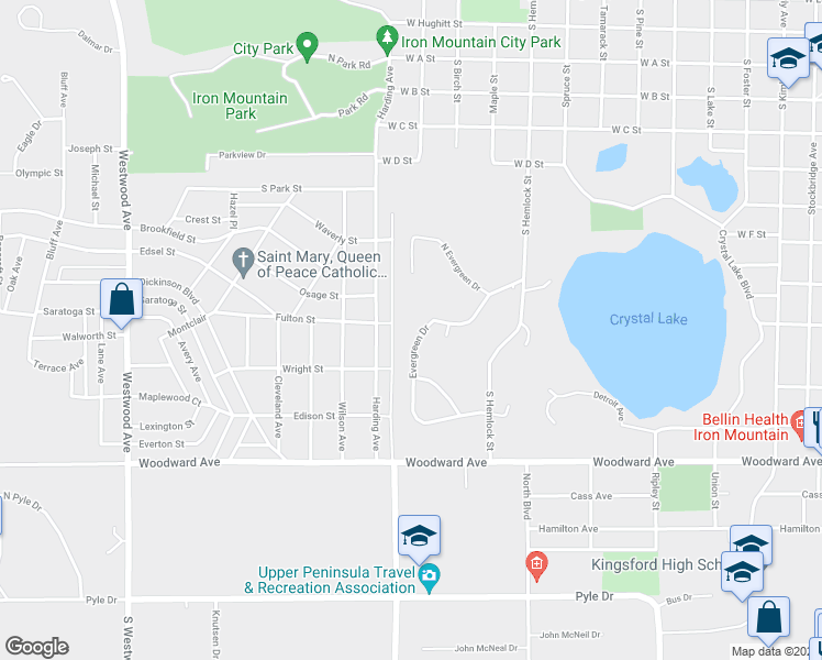 map of restaurants, bars, coffee shops, grocery stores, and more near 1203 Evergreen Drive in Iron Mountain