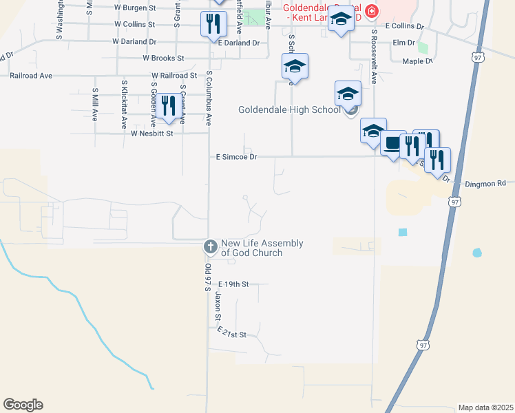 map of restaurants, bars, coffee shops, grocery stores, and more near 1247 Bennett Drive in Goldendale