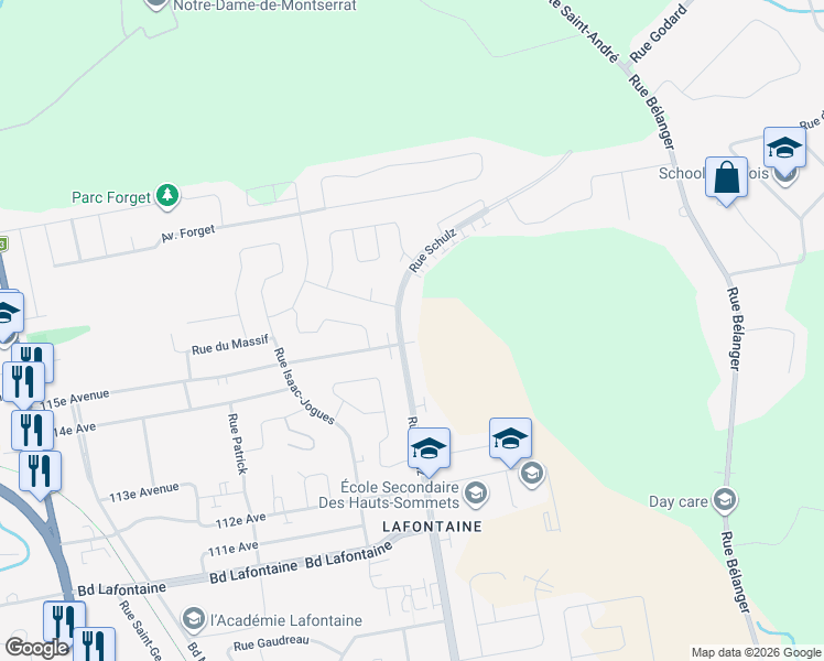 map of restaurants, bars, coffee shops, grocery stores, and more near 2497 Rue Schulz in Saint-Jérôme