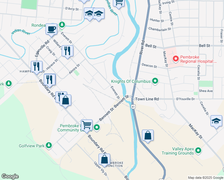 map of restaurants, bars, coffee shops, grocery stores, and more near 192 Everett Street in Pembroke