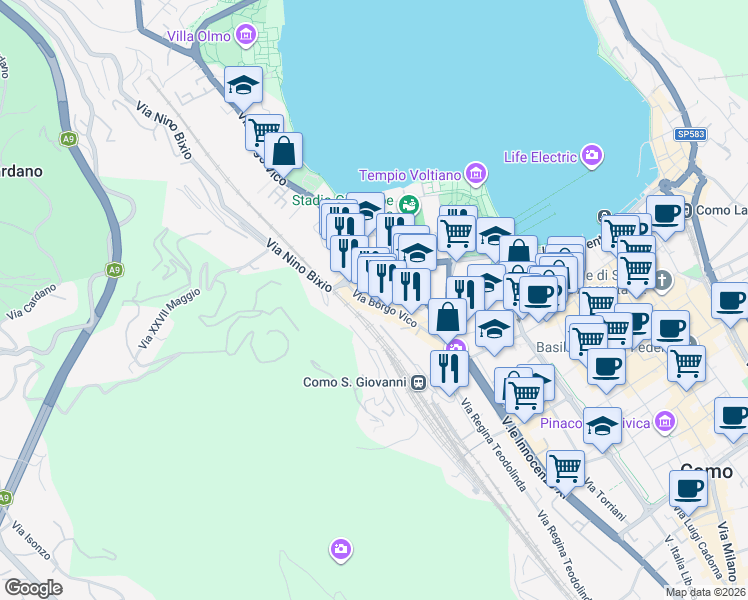 map of restaurants, bars, coffee shops, grocery stores, and more near 88 Via Borgo Vico in Como