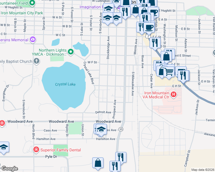 map of restaurants, bars, coffee shops, grocery stores, and more near 398 W H St in Iron Mountain