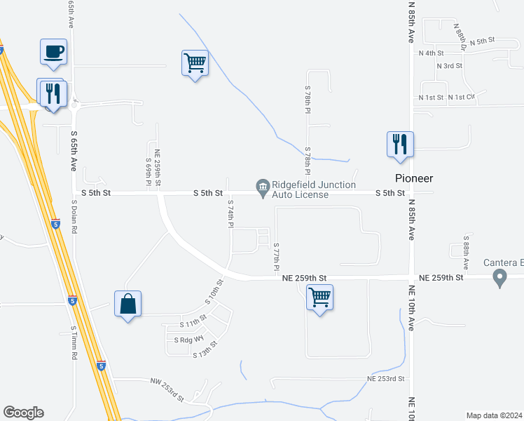 map of restaurants, bars, coffee shops, grocery stores, and more near 7509 South 5th Street in Ridgefield