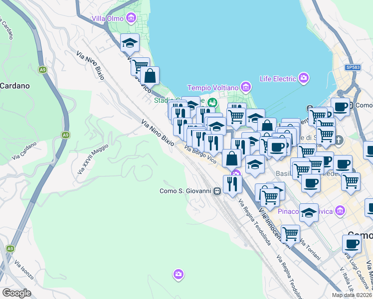 map of restaurants, bars, coffee shops, grocery stores, and more near 88 Via Borgo Vico in Como