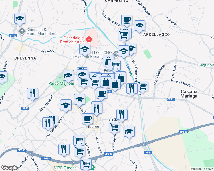 map of restaurants, bars, coffee shops, grocery stores, and more near 2-24 Via Dante in Erba