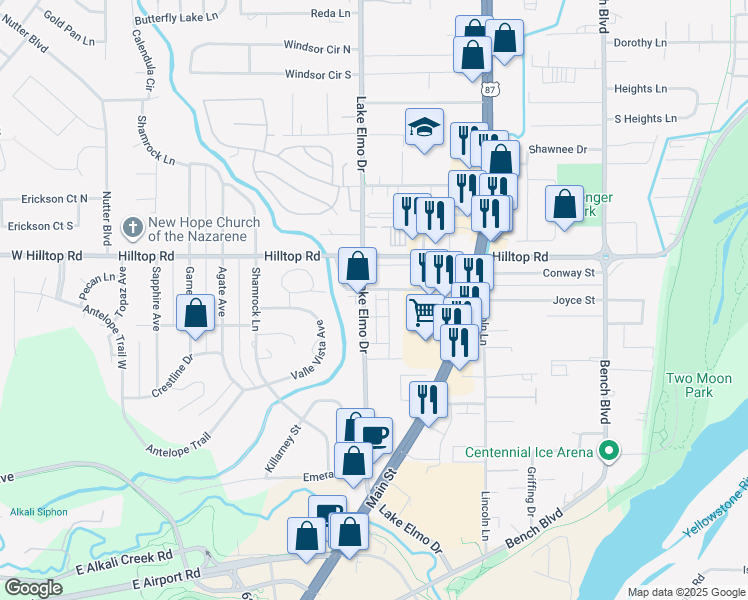 map of restaurants, bars, coffee shops, grocery stores, and more near 418 Hansen Lane in Billings