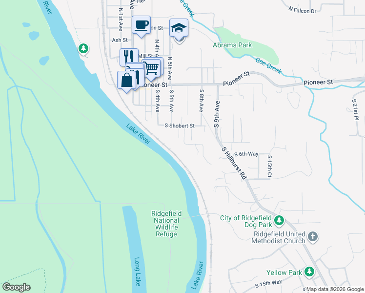 map of restaurants, bars, coffee shops, grocery stores, and more near 607 South Shobert Street in Ridgefield
