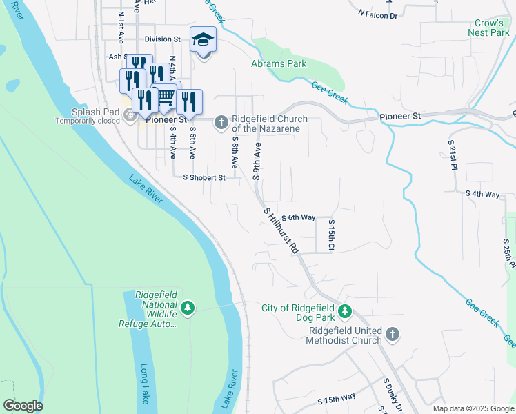 map of restaurants, bars, coffee shops, grocery stores, and more near 501 South 9th Avenue in Ridgefield