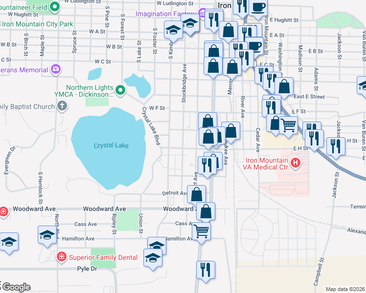 map of restaurants, bars, coffee shops, grocery stores, and more near 300-398 W H St in Iron Mountain