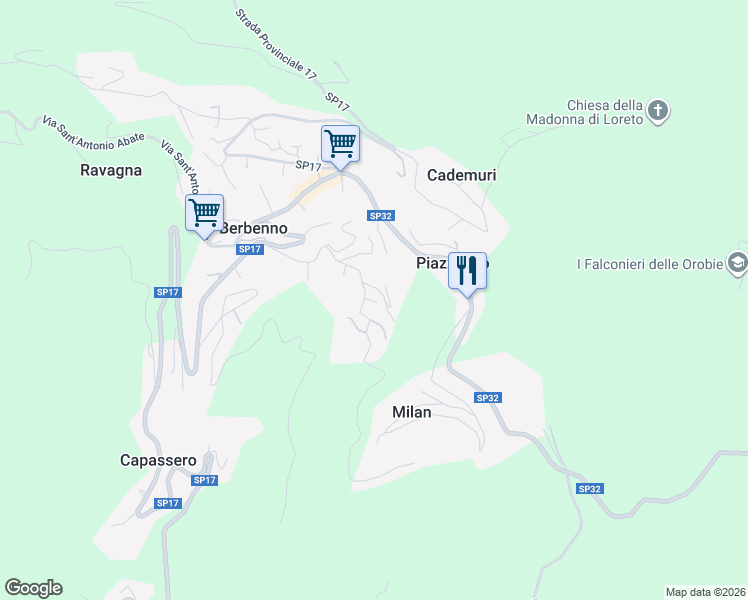 map of restaurants, bars, coffee shops, grocery stores, and more near 71 Via Europa in Berbenno