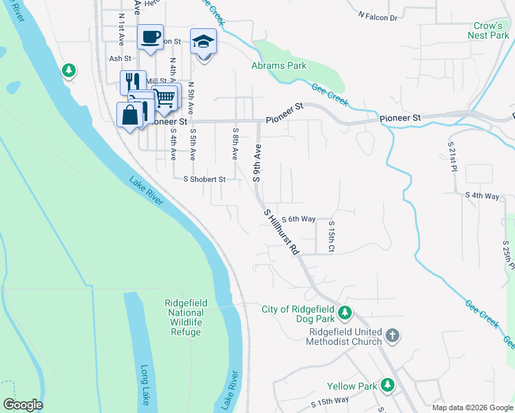 map of restaurants, bars, coffee shops, grocery stores, and more near 501 South 9th Avenue in Ridgefield
