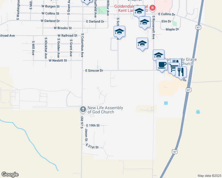 map of restaurants, bars, coffee shops, grocery stores, and more near 1247 Bennett Drive in Goldendale