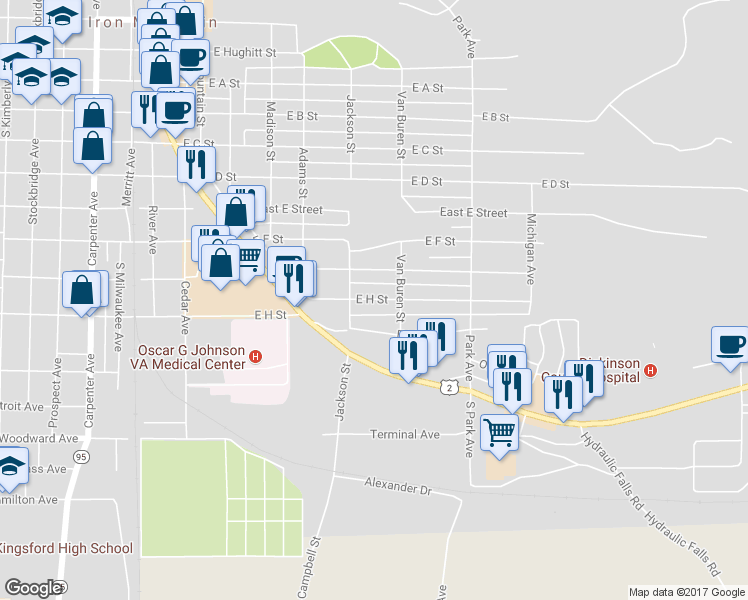 map of restaurants, bars, coffee shops, grocery stores, and more near 719 East H Street in Iron Mountain