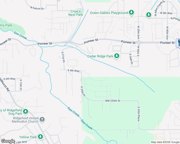 map of restaurants, bars, coffee shops, grocery stores, and more near 498 South 25th Place in Ridgefield