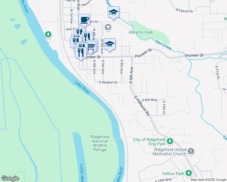 map of restaurants, bars, coffee shops, grocery stores, and more near 607 South Shobert Street in Ridgefield