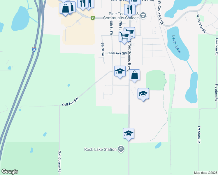 map of restaurants, bars, coffee shops, grocery stores, and more near 1305 8th Street Southwest in Pine City